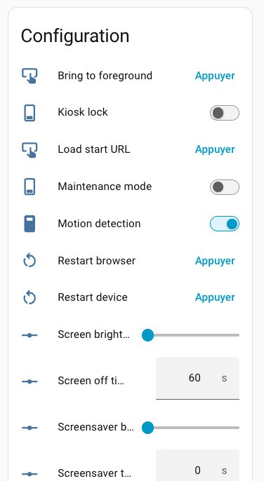 Fully Kiosk Browser Configuration panel: Motion detection on, Screen off timer at 60 seconds, Kiosk lock off
