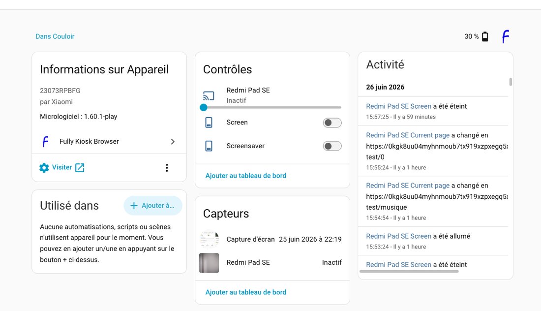 Fully Kiosk Browser device page in Home Assistant: info, Screen and Screensaver controls, sensors and activity log